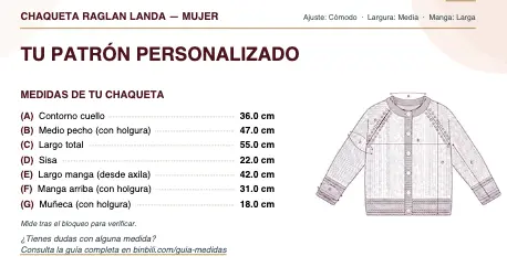 Tabla de medidas personalizadas del patrón Landa